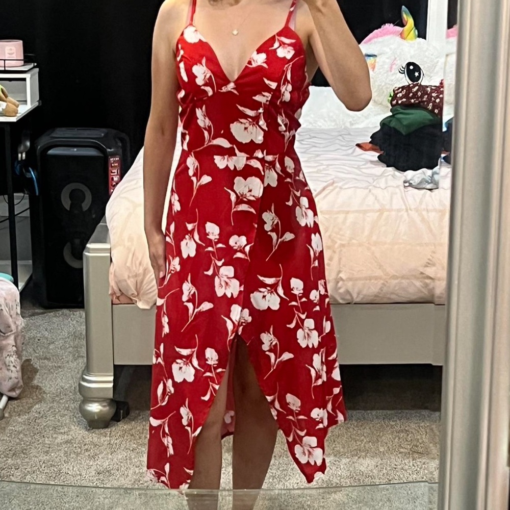 Red Floral Midi Dress